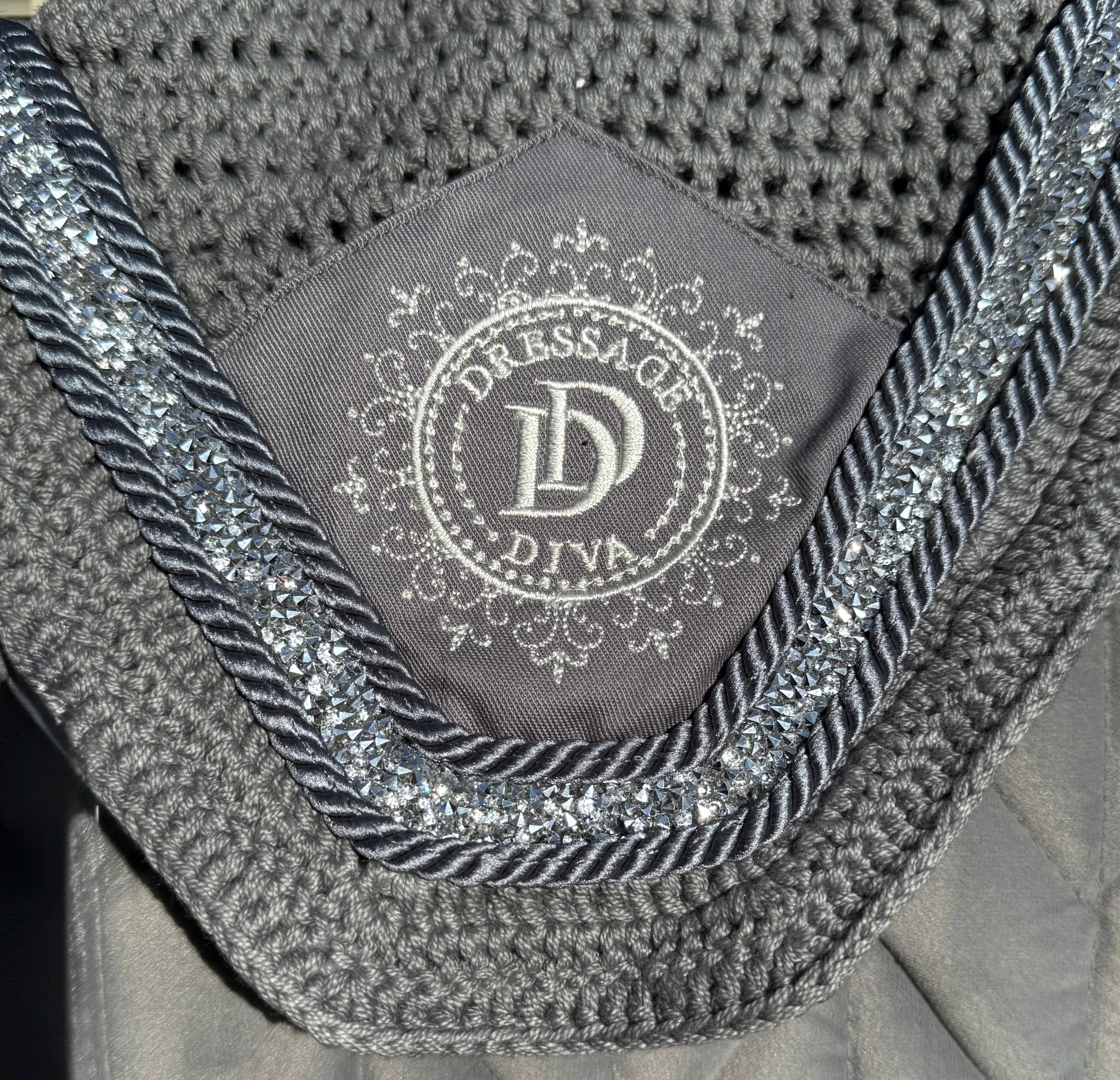 Dressage Saddle Pad -GREY Velvet  Saddle Pad – Crushed Crystal Trim | Full Size